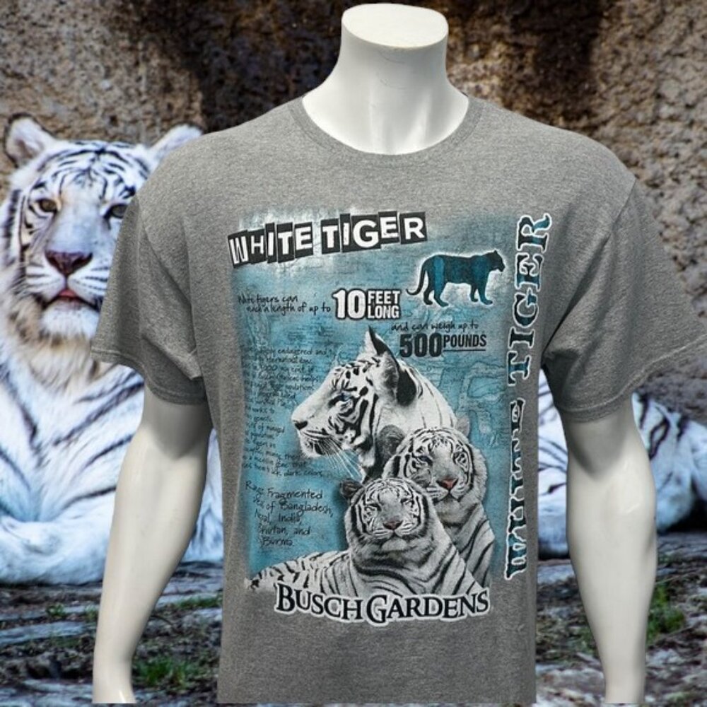 Vintage Busch Gardens Rare White Tiger Statistics Gray Graphic T-Shirt Size XL
